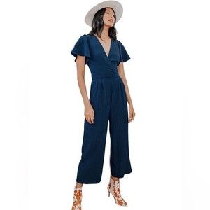 Lulu’s always cute navy blue flutter sleeve backless jumpsuit size small
